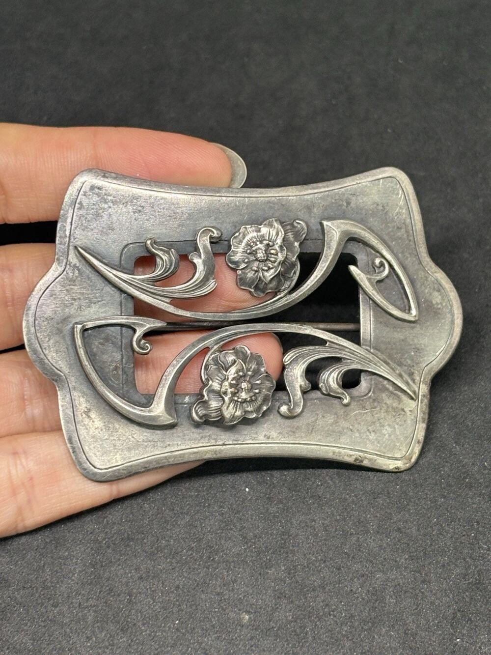 Antique Art Nouveau Silver tone Poppy Flower Sash Pin Brooch Large 3in